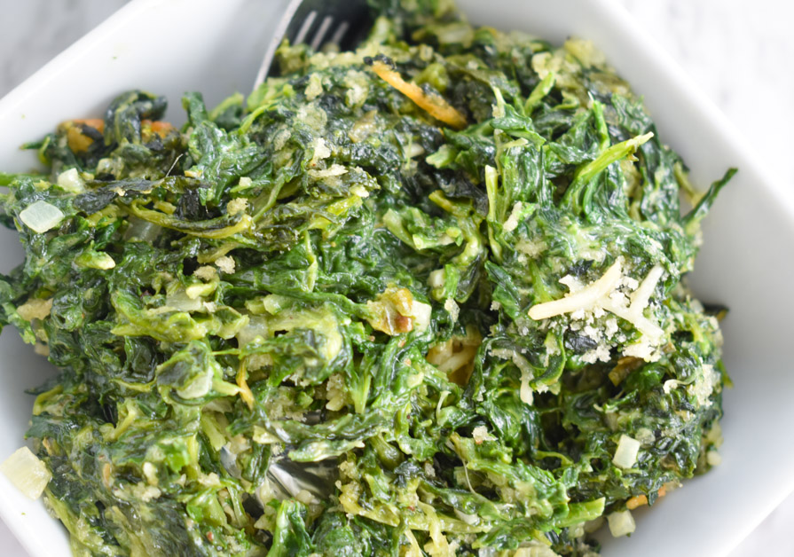 Creamed spinach mixed in bowl