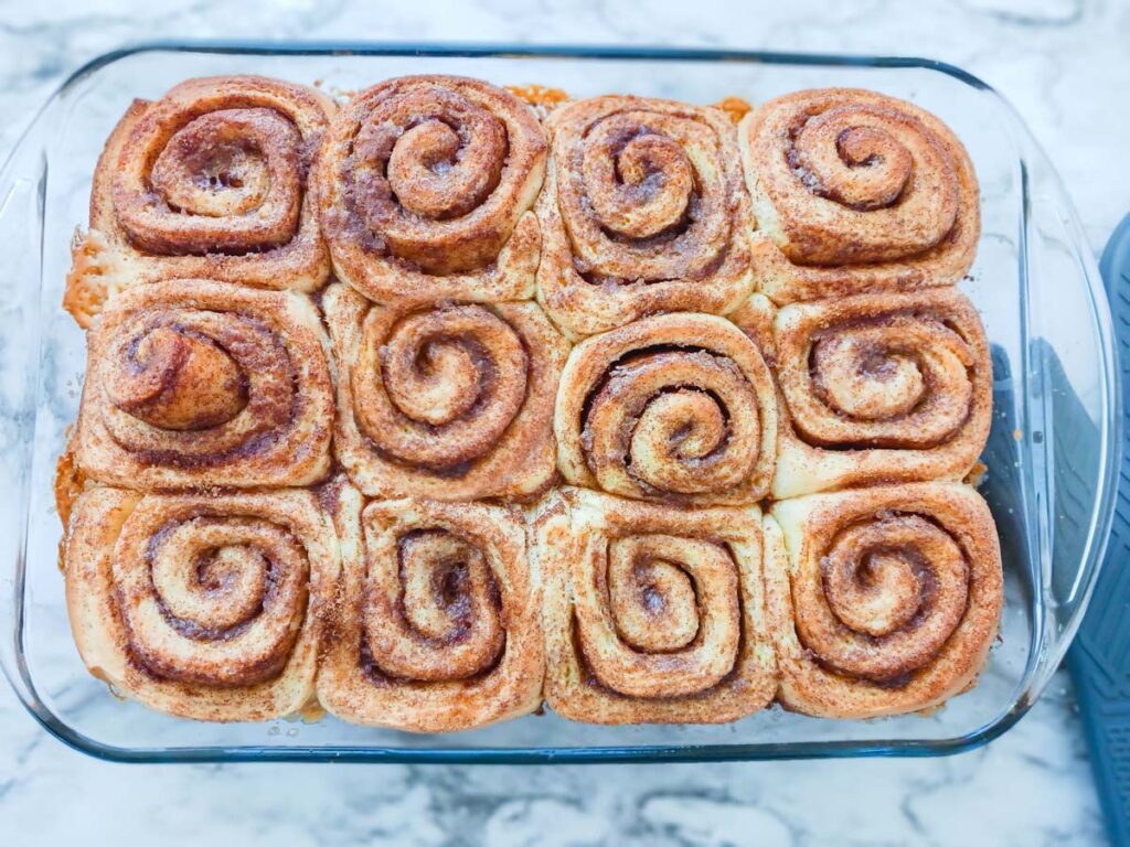 Perfectly baked cinnamon rolls in pan