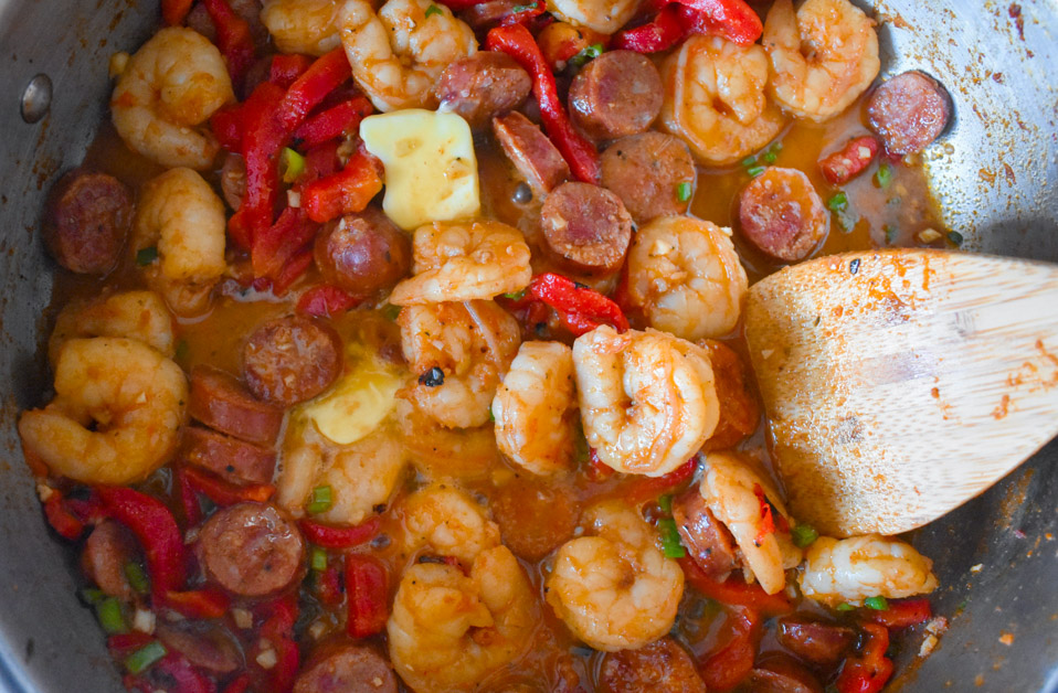 Sausage, shrimp, peppers, and green onion finished cooking