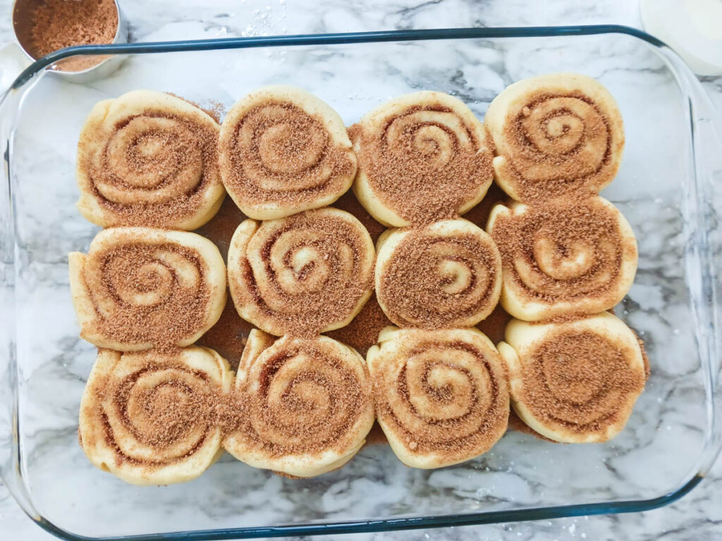 Rolled raw cinnamon rolls in pan with sprinkled cinnamon sugar